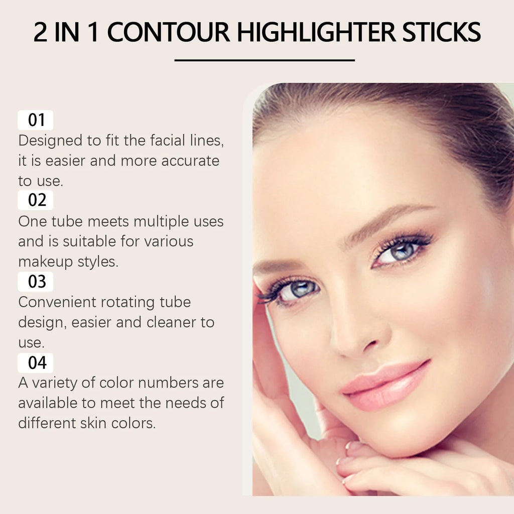 Makeup highlighter contour stick with dual-ended design showing three colour options
