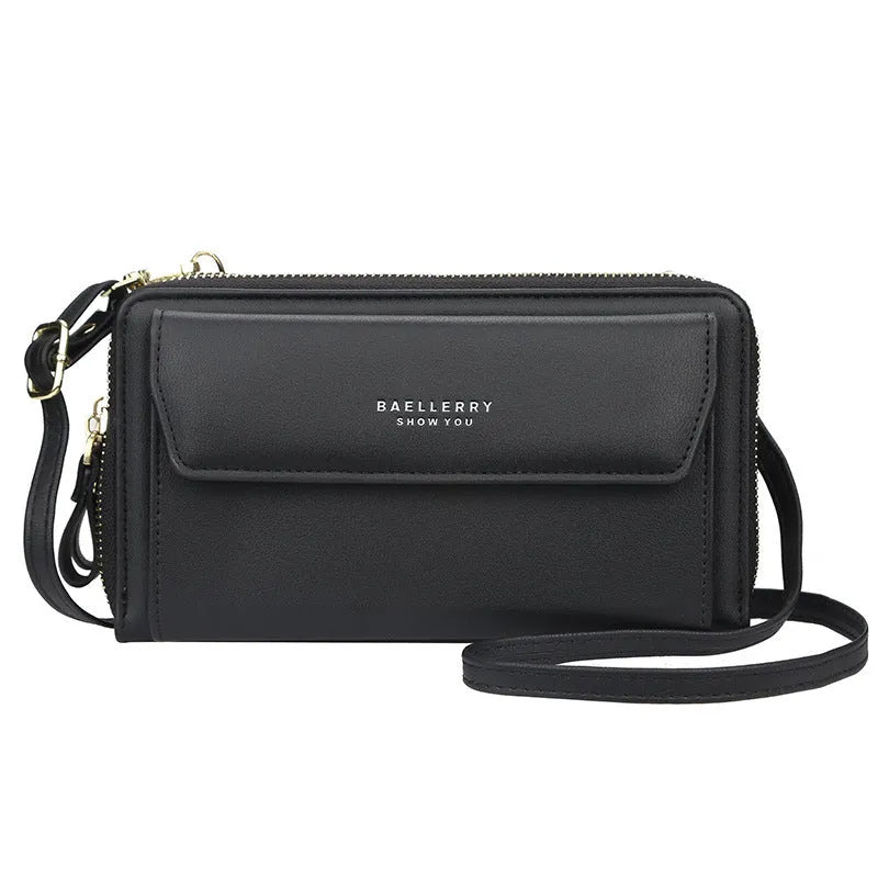 A ladies long wallet in soft PU leather with a double zipper, shown in a horizontal square shape.