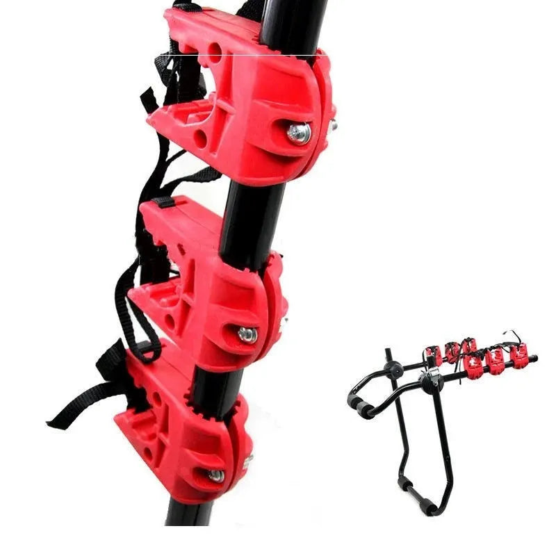 Black and red trunk mounted car bike rack with iron frame and plastic components
