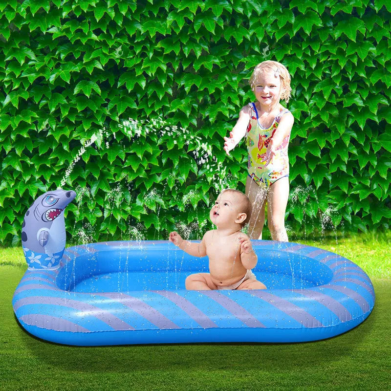 Blue dinosaur-shaped inflatable water spray pool for kids outdoor play