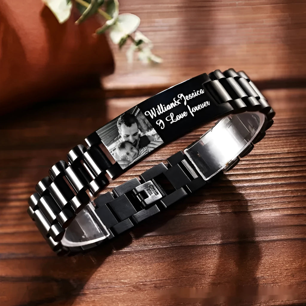 Titanium steel men's bracelet with curved heart design and engraved lettering options