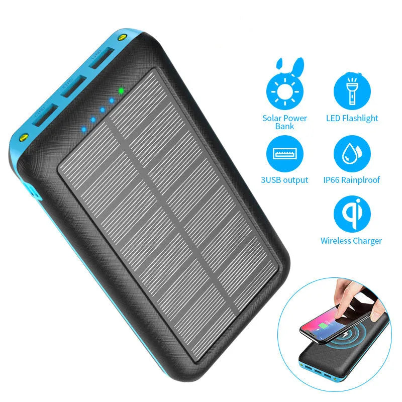 Black solar power bank with wireless charging pad, three USB ports, and an LED flashlight.