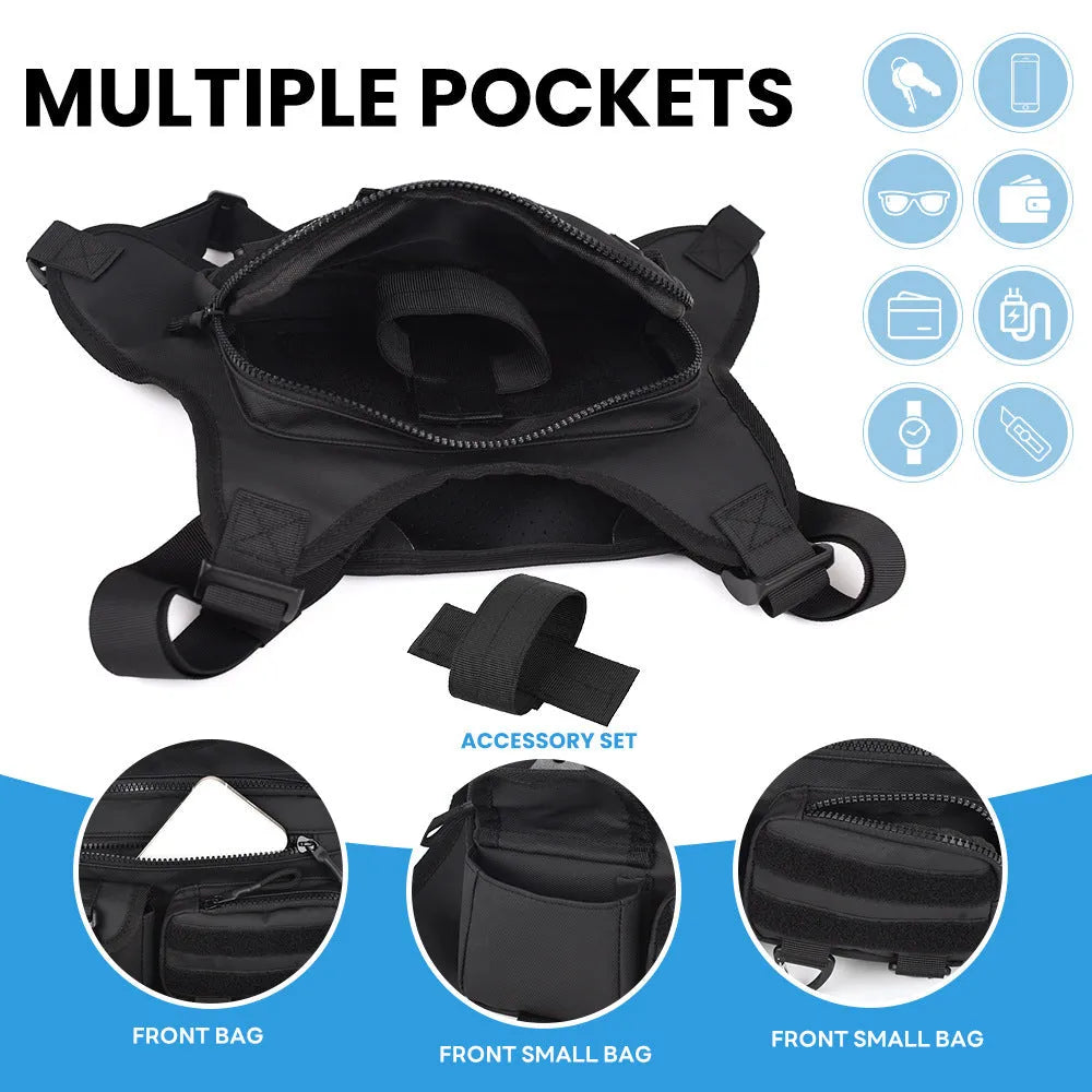 Men's black oxford cloth chest bag designed as a riding vest with visible sewing lines.
