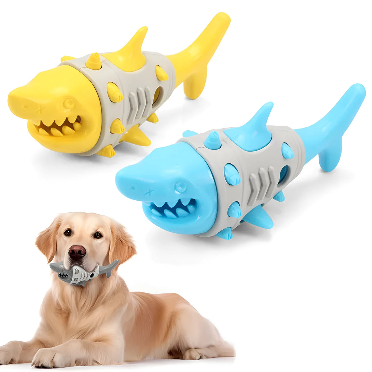 Shark-tooth mimicry dog teething toy in blue, grey, or yellow with textured surfaces