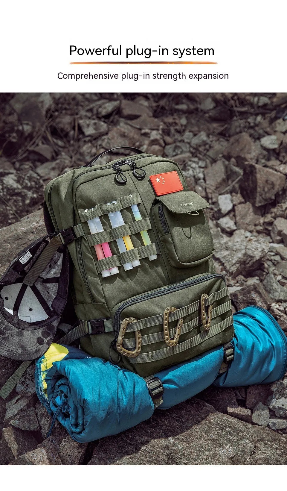17-inch waterproof tactical backpack in army green colour with outdoor sports equipment