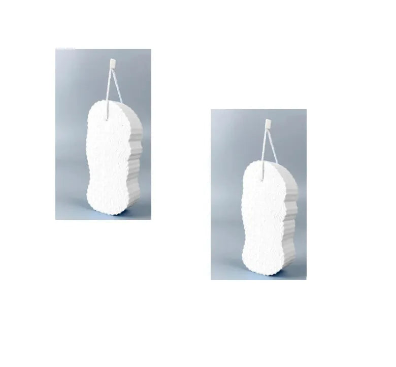 White 3D fish scale pattern bath sponge ball with hanging loop on a grey background.