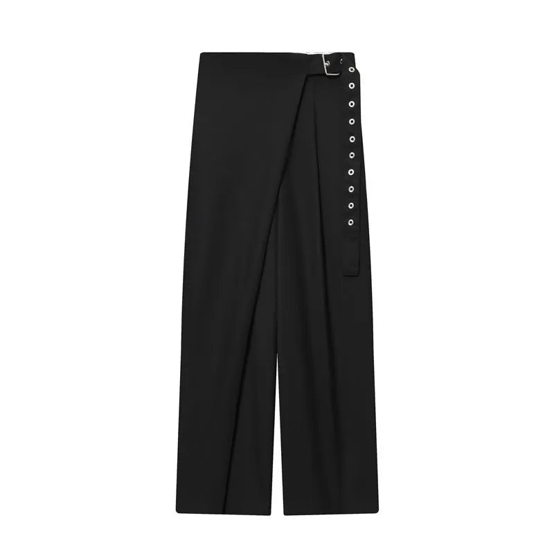 Women's black wrap design trousers in wool blend, mid waist, inelastic, sizes XS to L