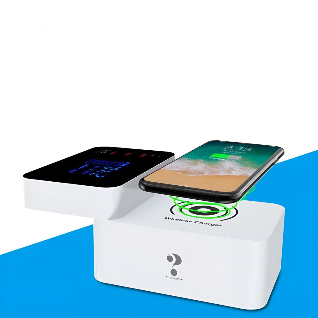 White multi USB port fast charger with wireless charging pad and international plug adapters