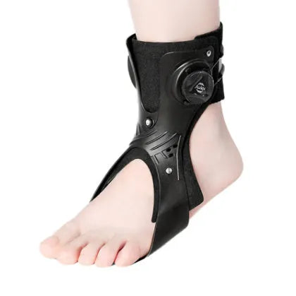 Grey ankle support brace with airbag button closure system for left foot