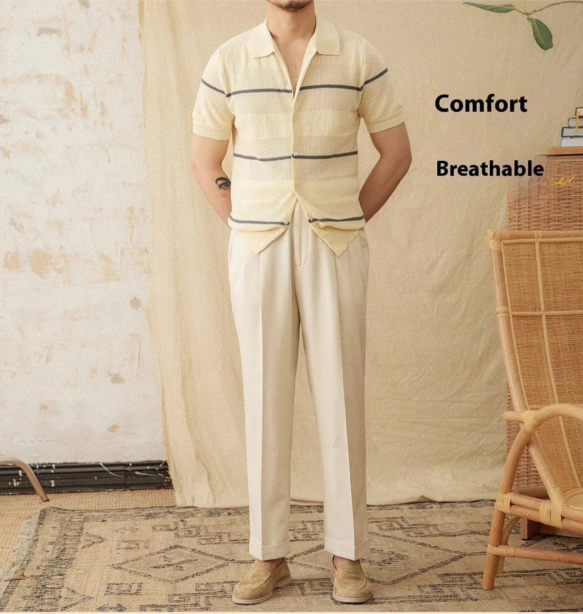Camel coloured short sleeve knitted cardigan with lapel collar on a hanger