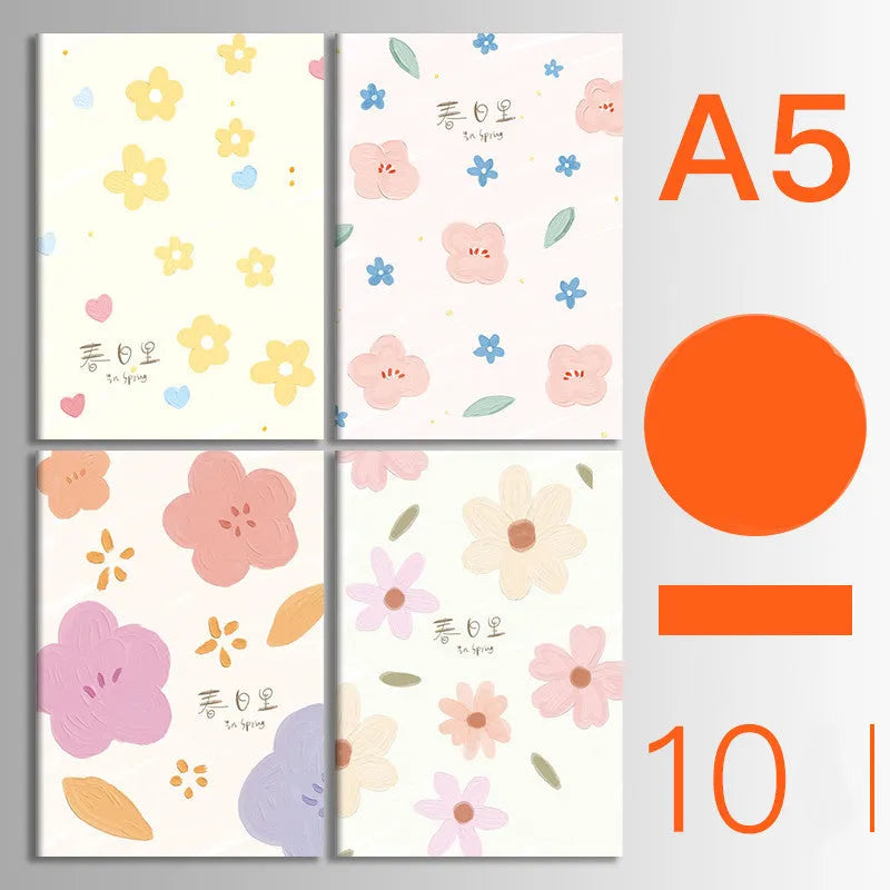 Ten soft cover kraft paper notebooks with thread binding in A5 and B5 sizes showing multiple design styles