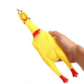 Yellow rubber screaming chicken dog squeaky toy shown in three different sizes