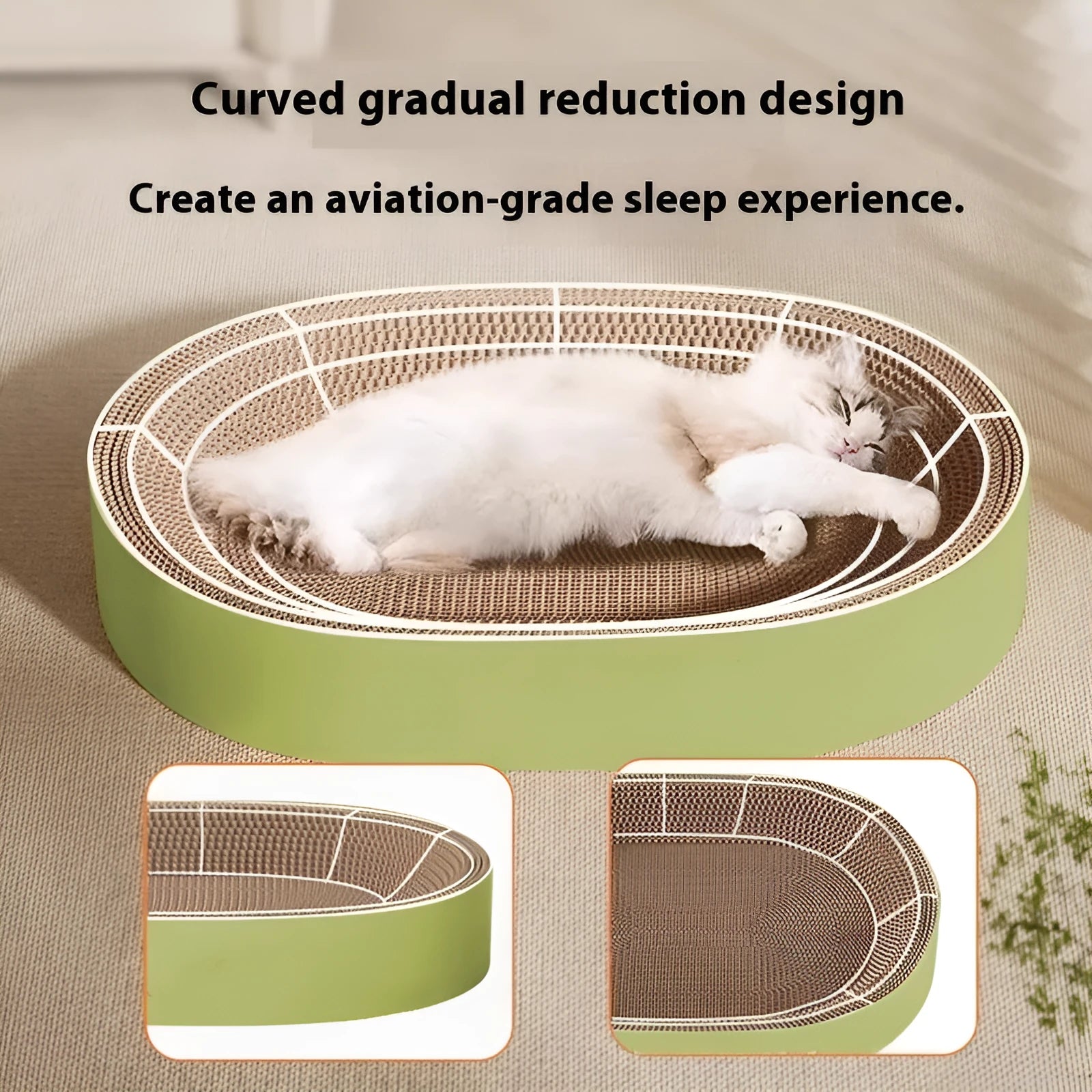 Green oval cat scratch board with built-in nest measuring 55cm in diameter