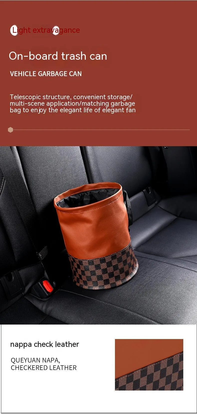Retractable leather car trash can showing folding design and built-in handle