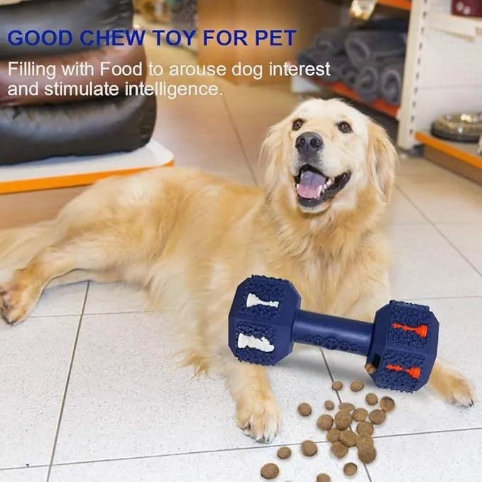 Blue hollow dumbbell-shaped dog chew toy with textured surface on a white background.