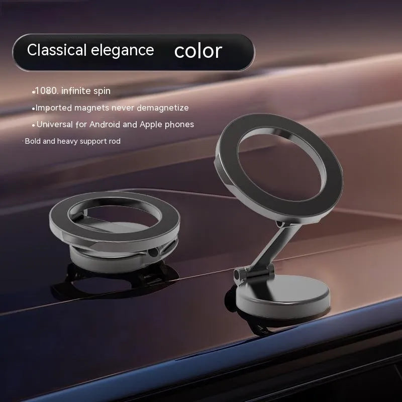 All-metal magnetic car phone mount with foldable design on dashboard