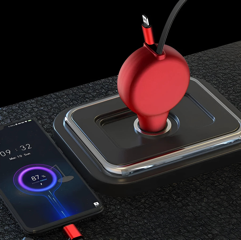Black retractable car charger with extended USB and Type-C cables for dual-device charging