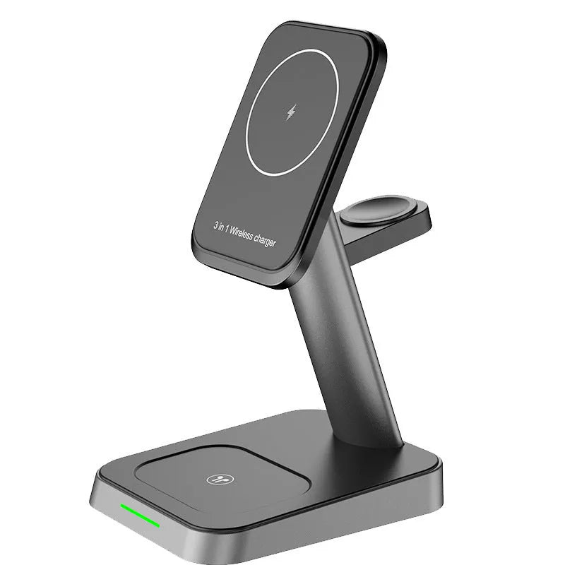 Black cube-shaped 3-in-1 vertical wireless charging stand and portable power bank on a desk.