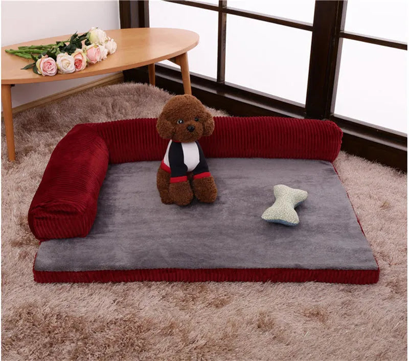 Corduroy pet sofa dog bed with bolster in grey colour, showing non-slip base and high-density sponge padding