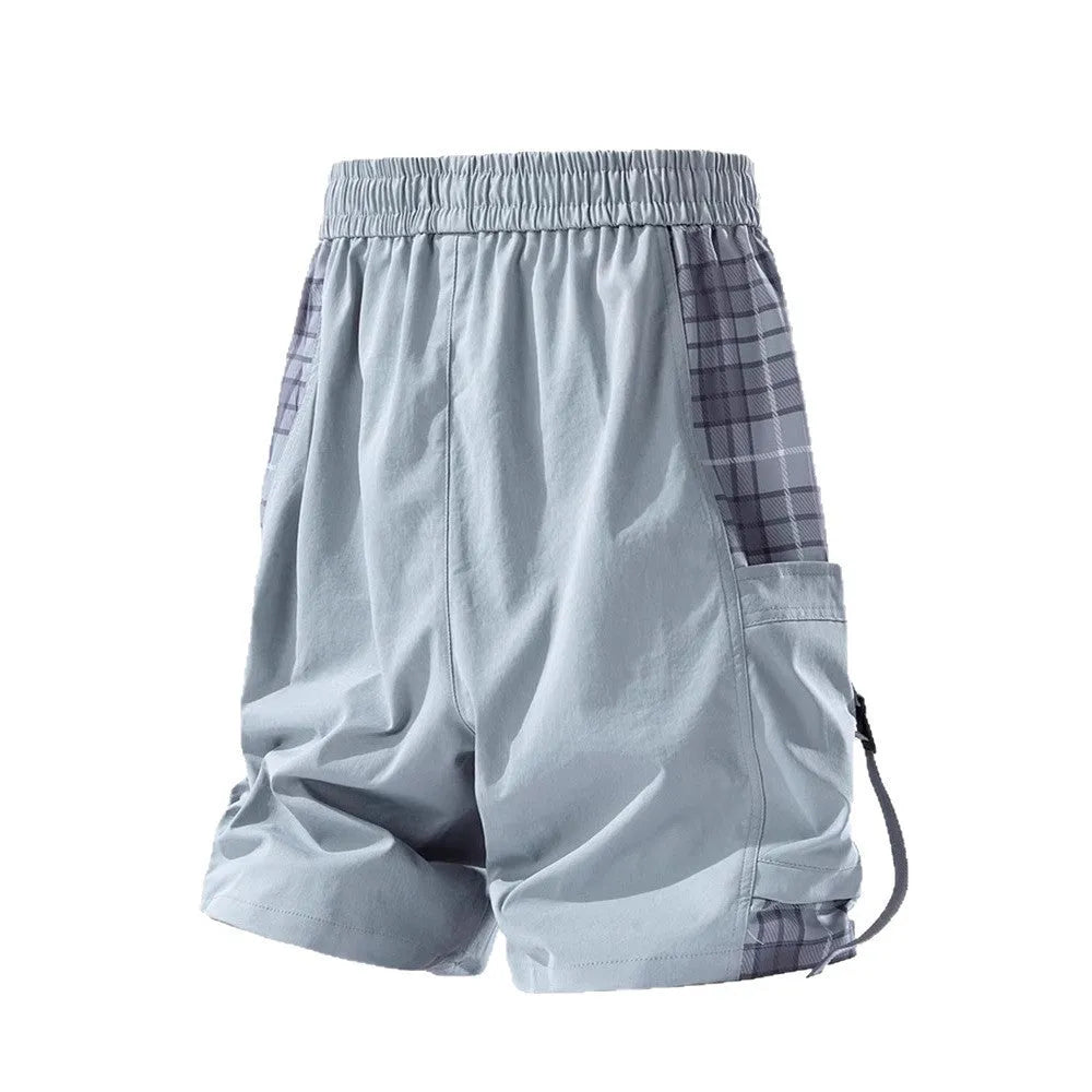 Men's loose fit cargo shorts with plaid stitching in black, grey colours.
