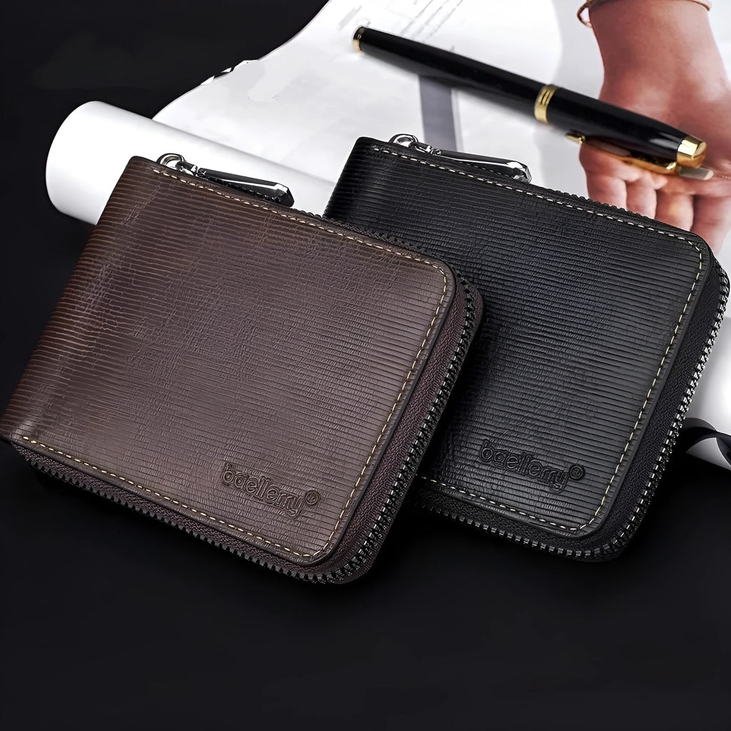 PU leather anti-theft credit card wallet with zipper closure in black or brown with embossed pattern