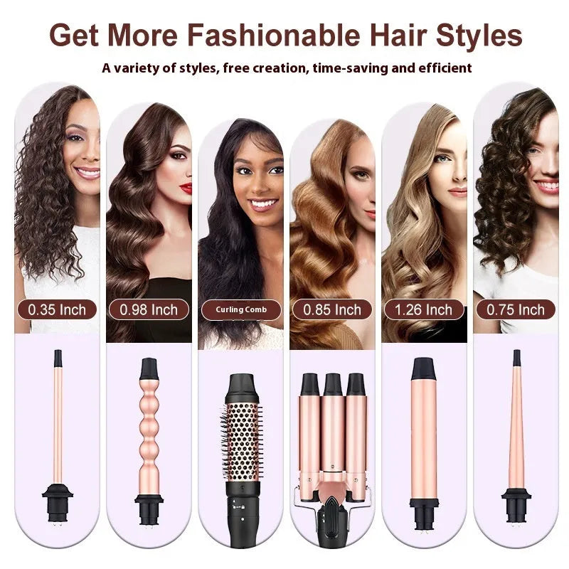 All-in-one three-barrel water wave hair curler and straightener with power cord.