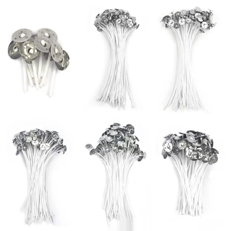 White cotton candle wicks showing tightly woven core construction in three length specifications