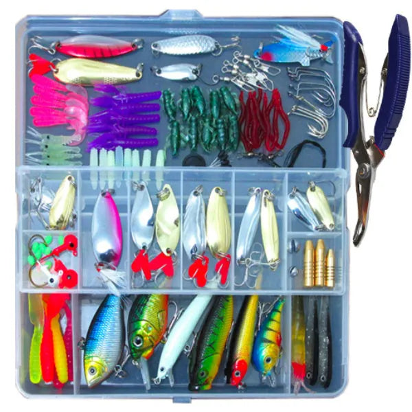 132-piece fishing lure set with soft baits and hooks in rose red treasure colour