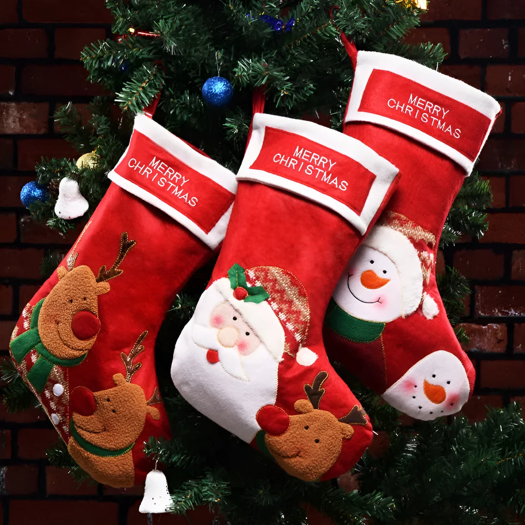 Non-woven fabric Christmas stocking decoration in American folk style with elk, old man or snowman design.