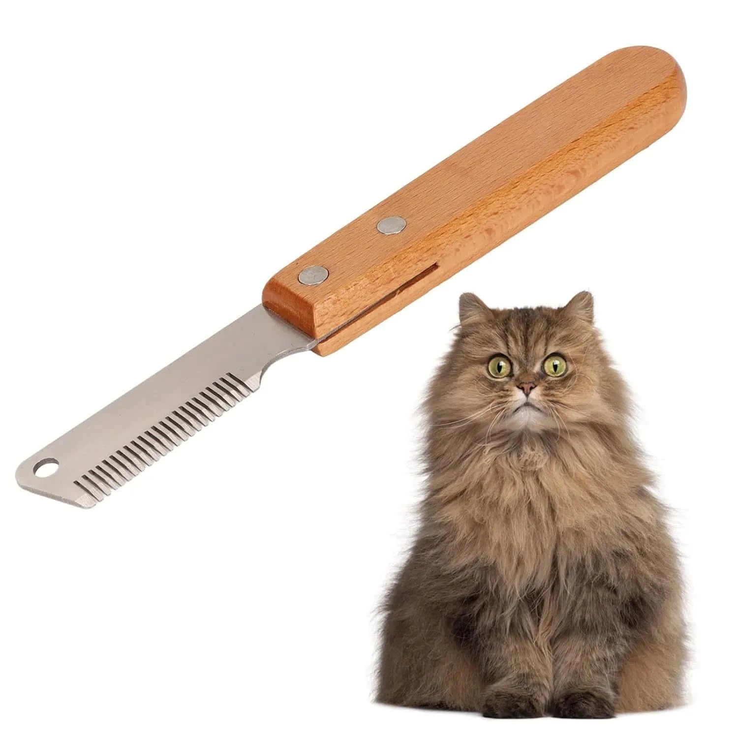 Pet stripping comb with wood handle and metal teeth for removing hair from dogs and cats