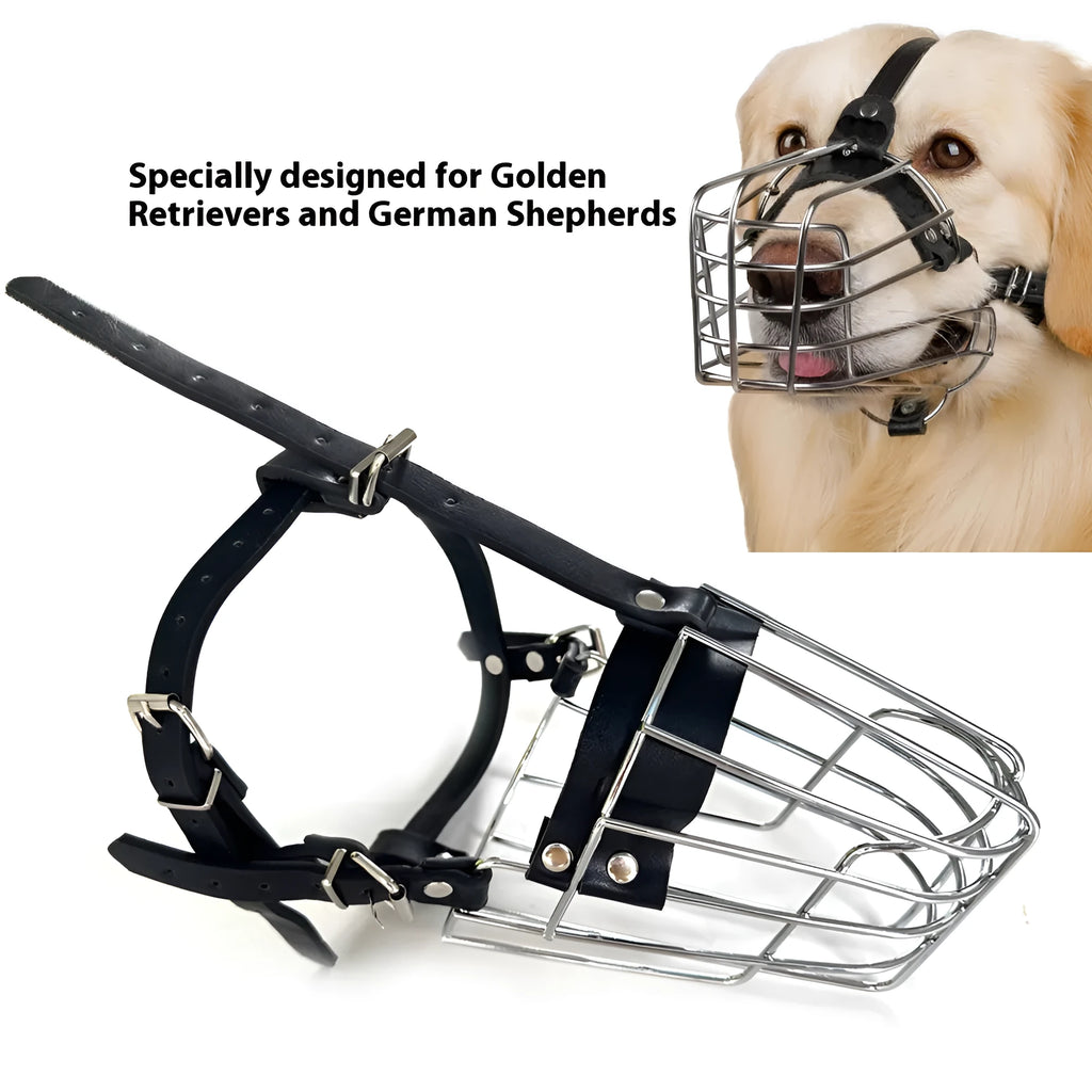 Black metal dog muzzle designed for a golden retriever or German shepherd.