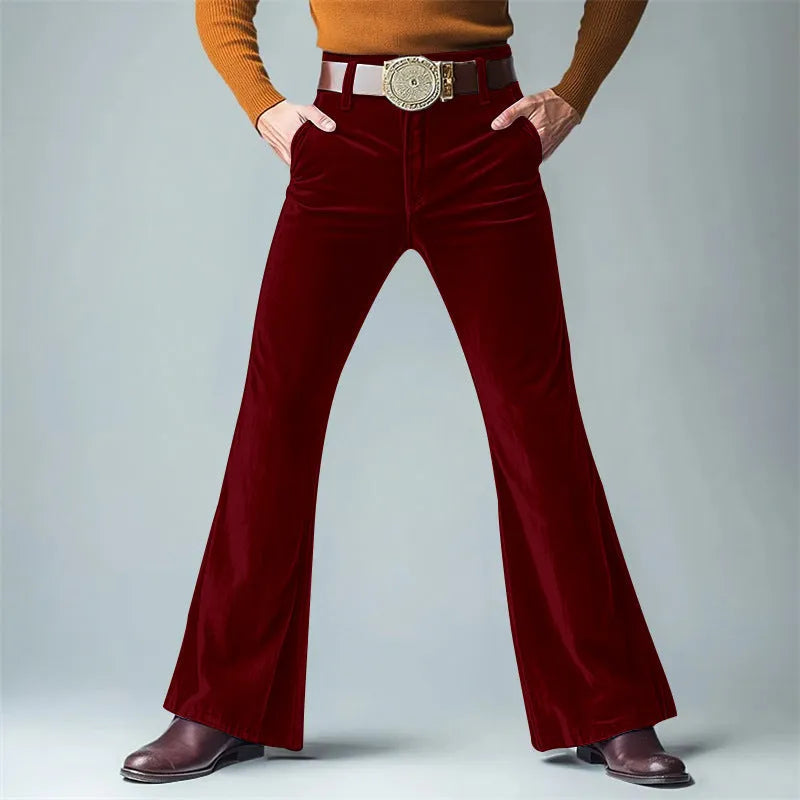 Man wearing slim-fit gold velvet flared suit pants in a solid colour, suitable for banquet or formal casual wear.