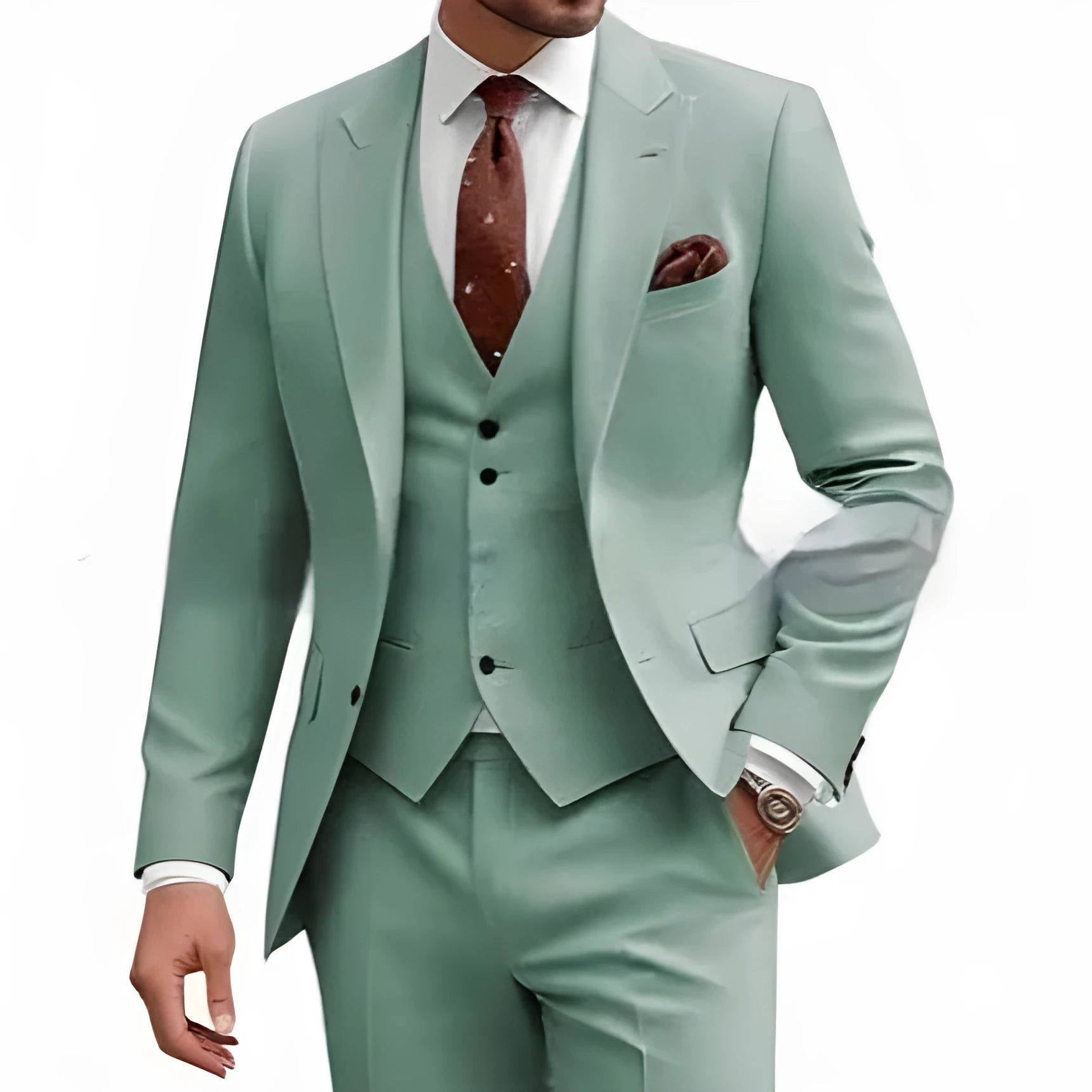 Man wearing a bright red slim fit three-piece suit with waistcoat, suitable for a wedding or business event.