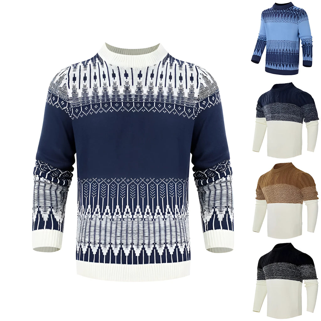 A men's long-sleeved knitted pullover sweater shown in one of five available styles.