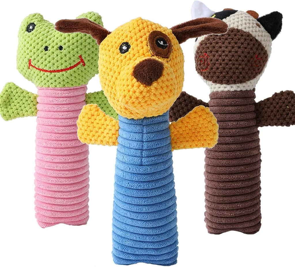 Soft stuffed dog squeaky chew toy in animal shape with teeth cleaning function