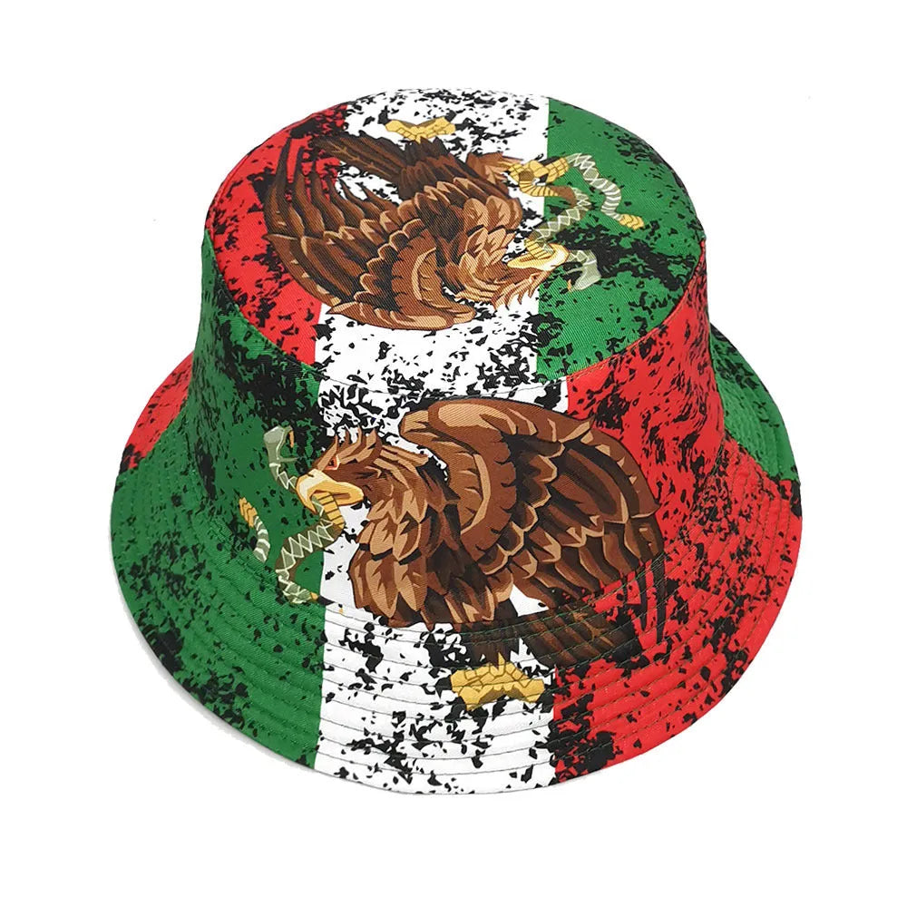 Eagle pattern retro bucket hat with dome crown on a neutral background.