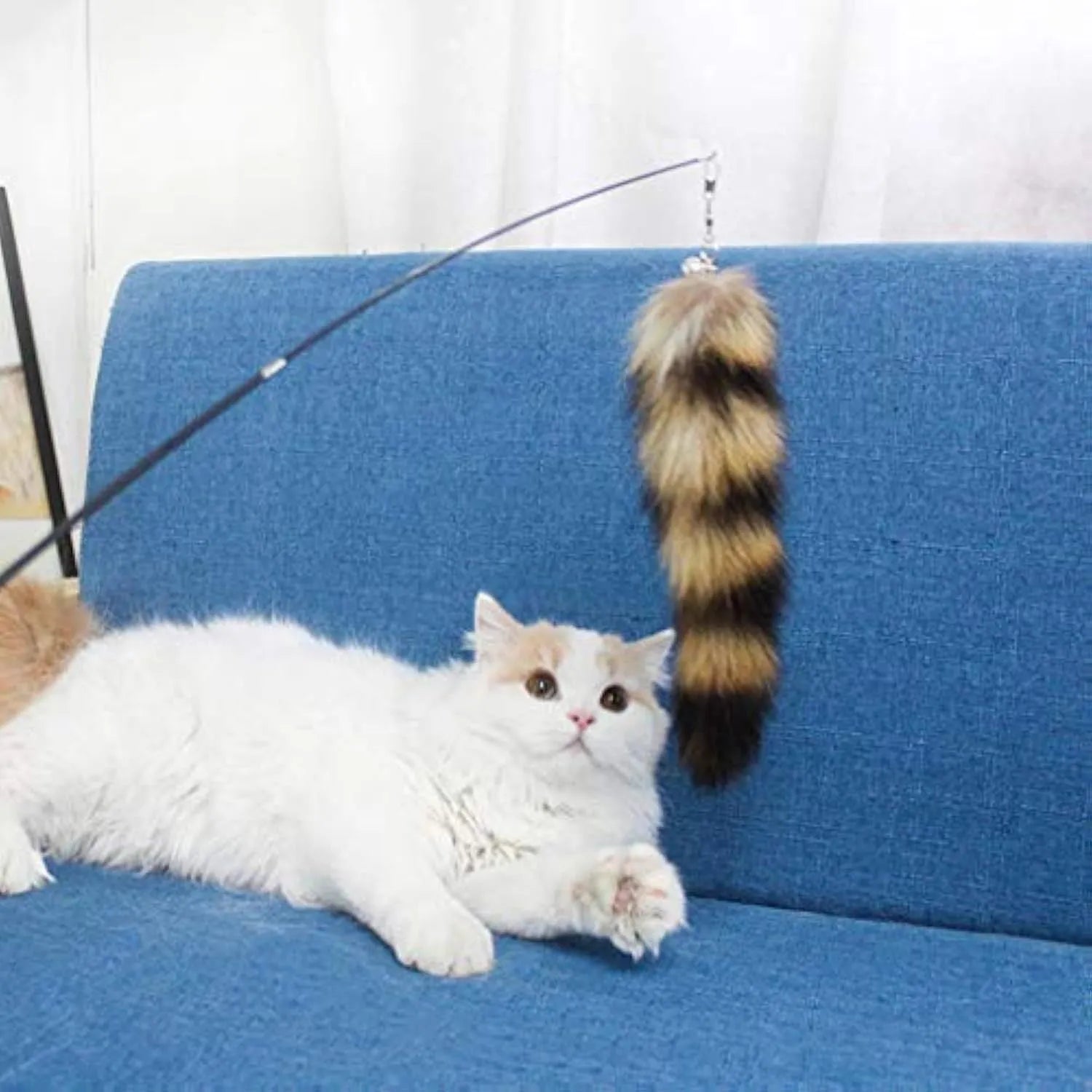 Black cat toy wand with long elastic string for interactive play with kittens and adult cats