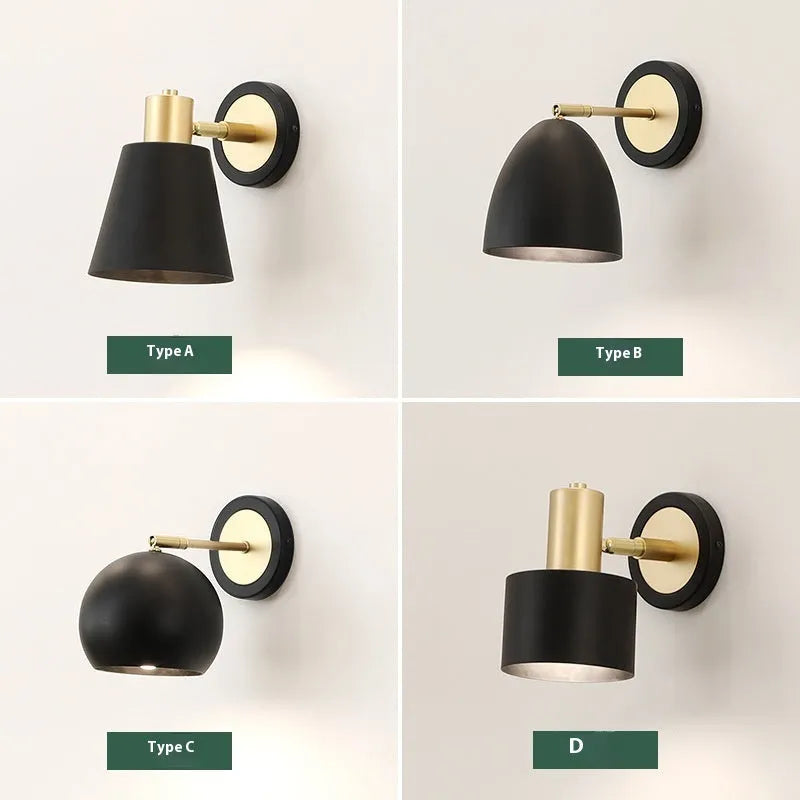 Nordic style iron wall lamp mounted beside a bed, showcasing its metal construction and adjustable light settings.
