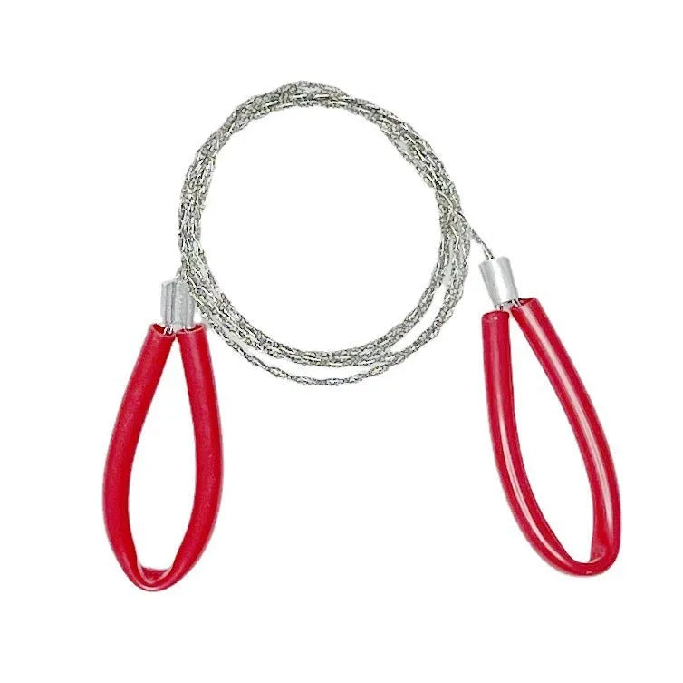 German stainless steel survival wire saw coiled to show compact size with black handles