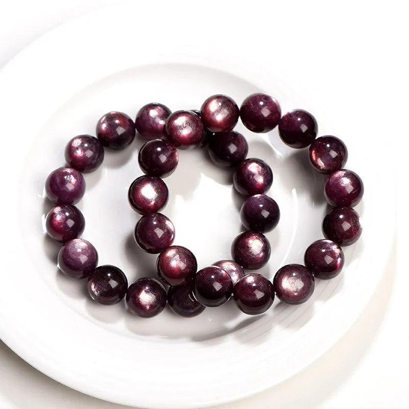 Purple lepidolite crystal round bead bracelet with polished finish and geometry style.