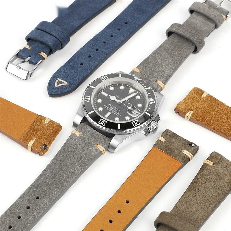 Genuine suede leather watch strap in brown showing texture and small waist design