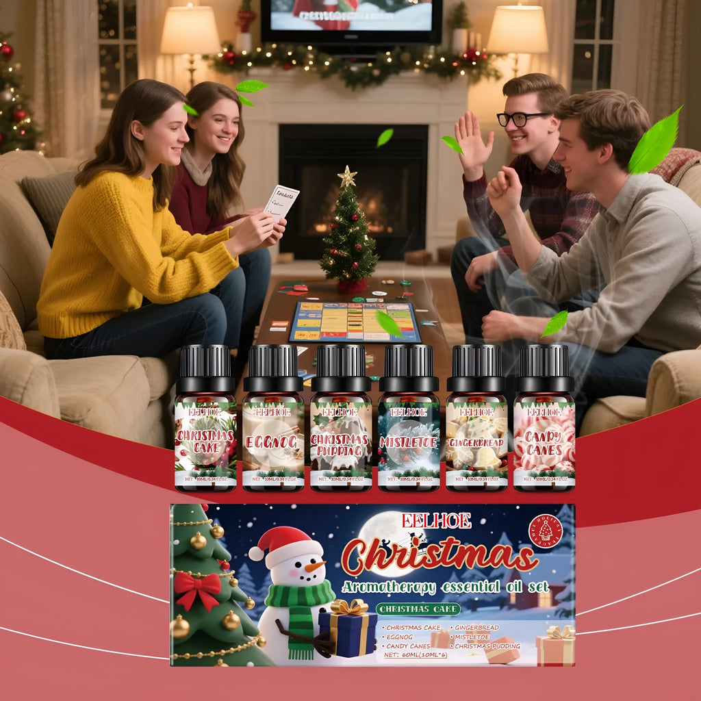 Christmas aromatherapy oil set with six small 10ml bottles for festive home fragrance diffusing