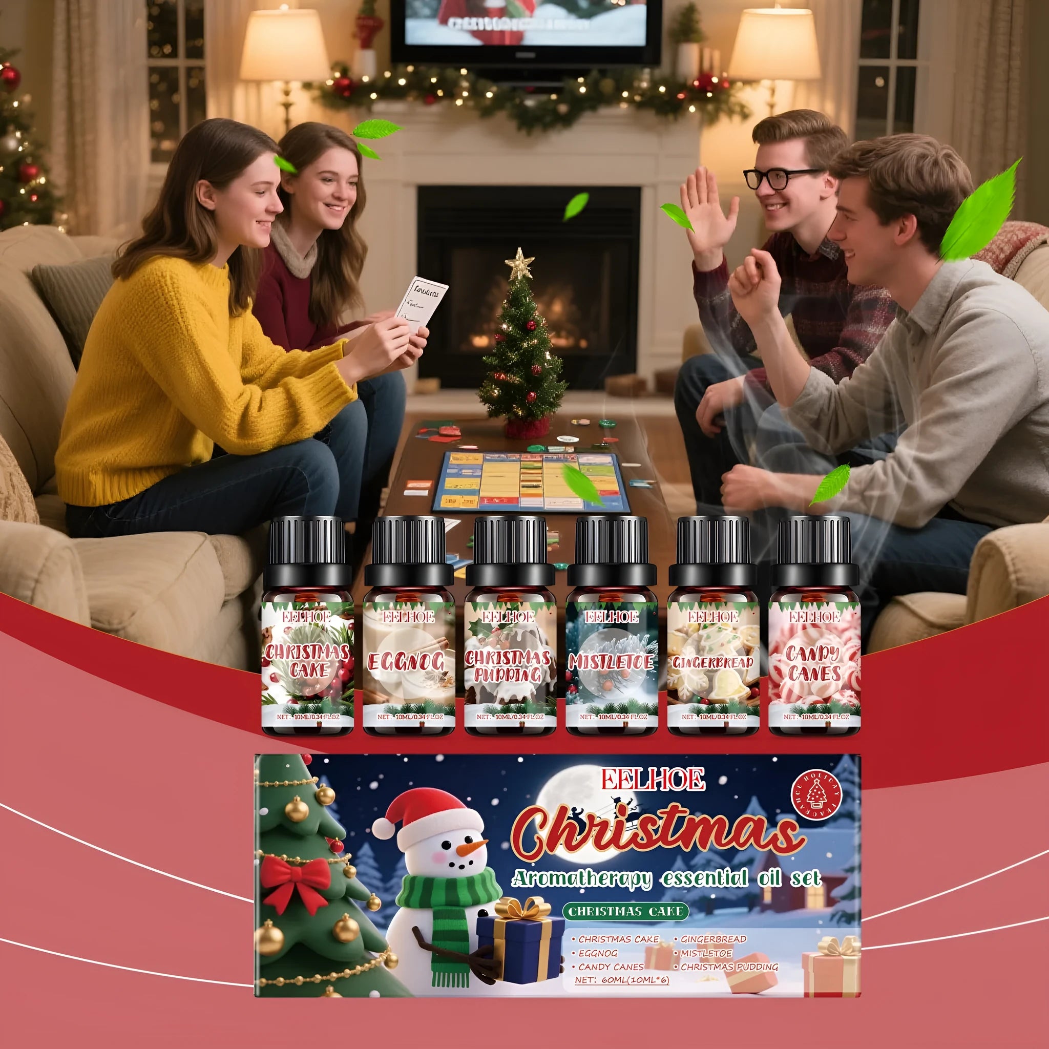 Christmas aromatherapy oil set with six small 10ml bottles for festive home fragrance diffusing