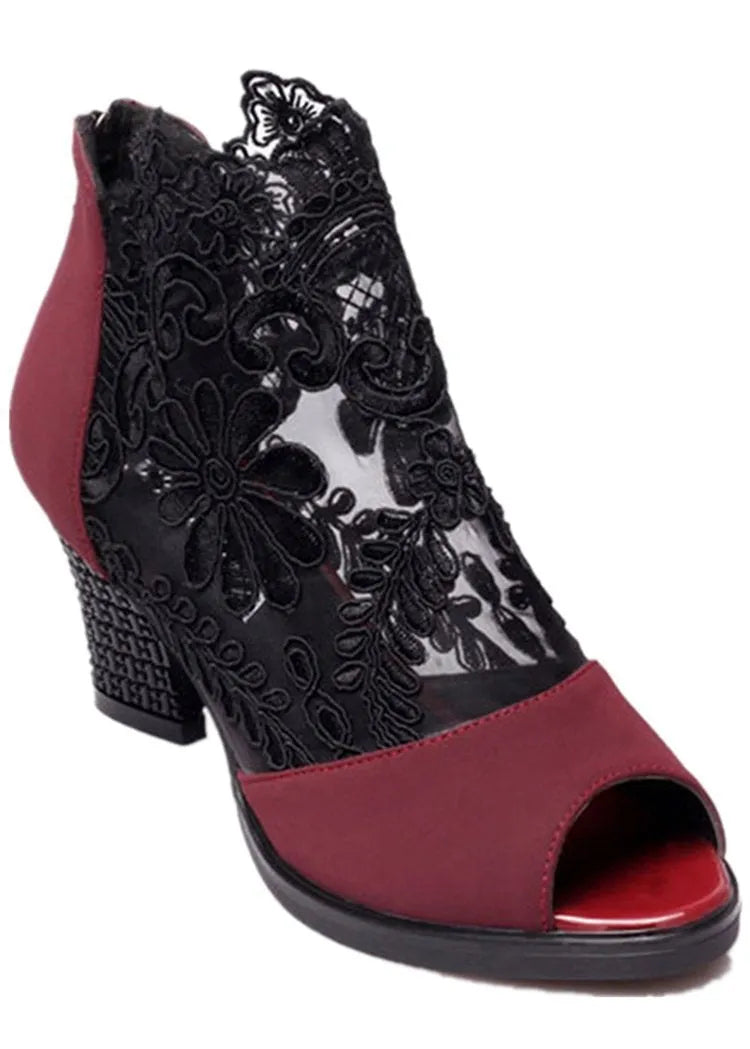 Women's black lace gladiator sandals with square high heel and peep toe design