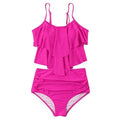 Ruffled bikini swimsuit in polyester with lining, available in black, green, and rose red, sizes S to XL