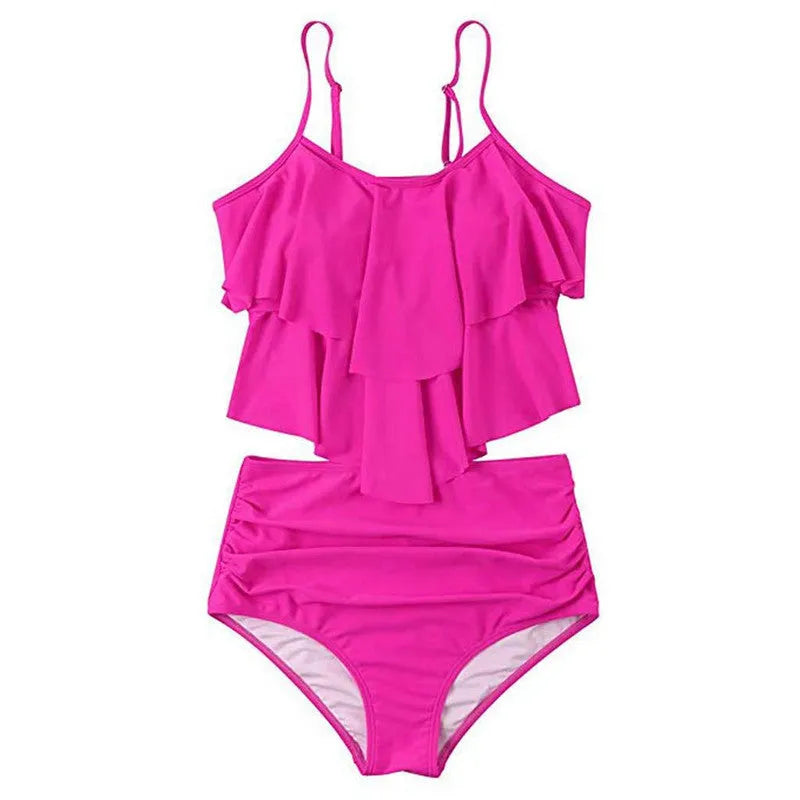 Ruffled bikini swimsuit in polyester with lining, available in black, green, and rose red, sizes S to XL
