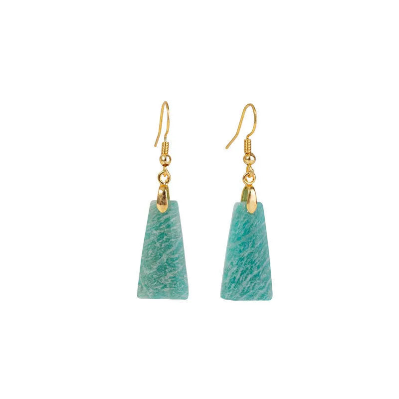A pair of trapezoid-shaped earrings with a rough green amazonite stone set in a geometric gold or silver metal frame.