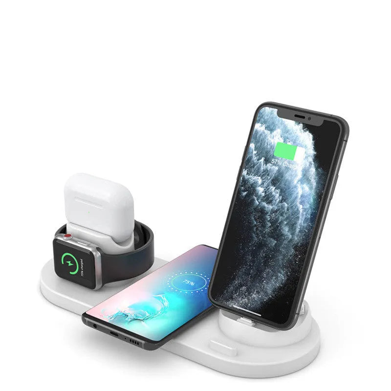 Black or white 6-in-1 wireless charging station holding phone with AirPods and watch charging