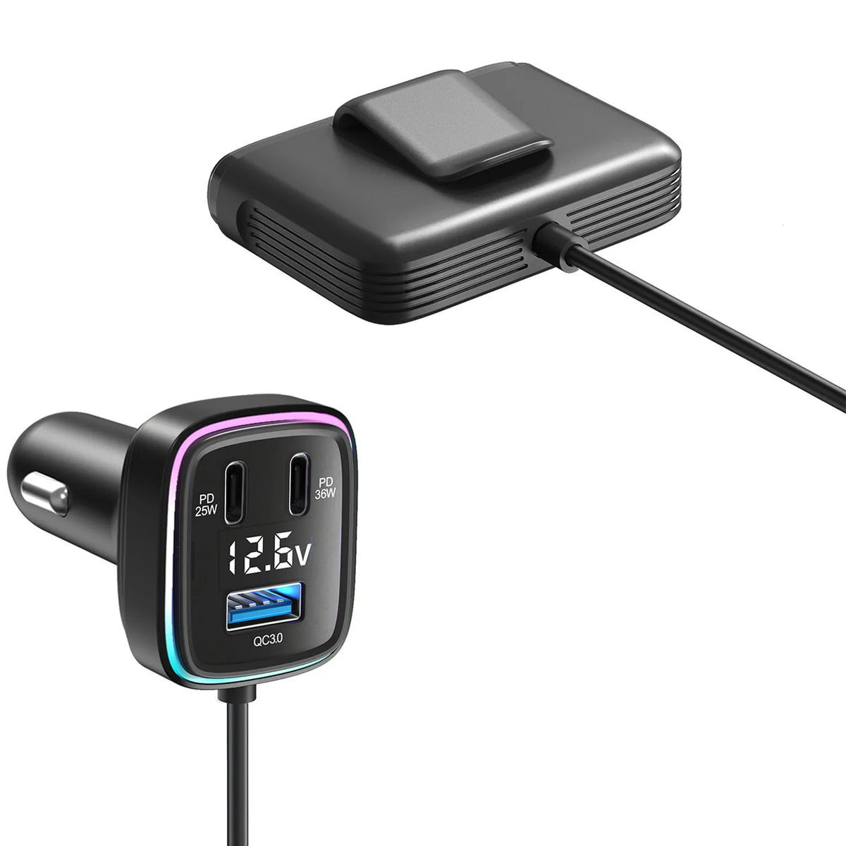 GE01 car charger with 115W output, 12-24V input, ABS PC body, 4.1x3.45x7.4cm size