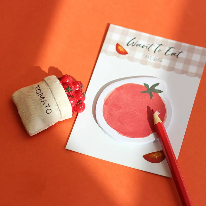 Food-shaped A5 notepad with bread, tomato, and yogurt designs, 85mm by 120mm.